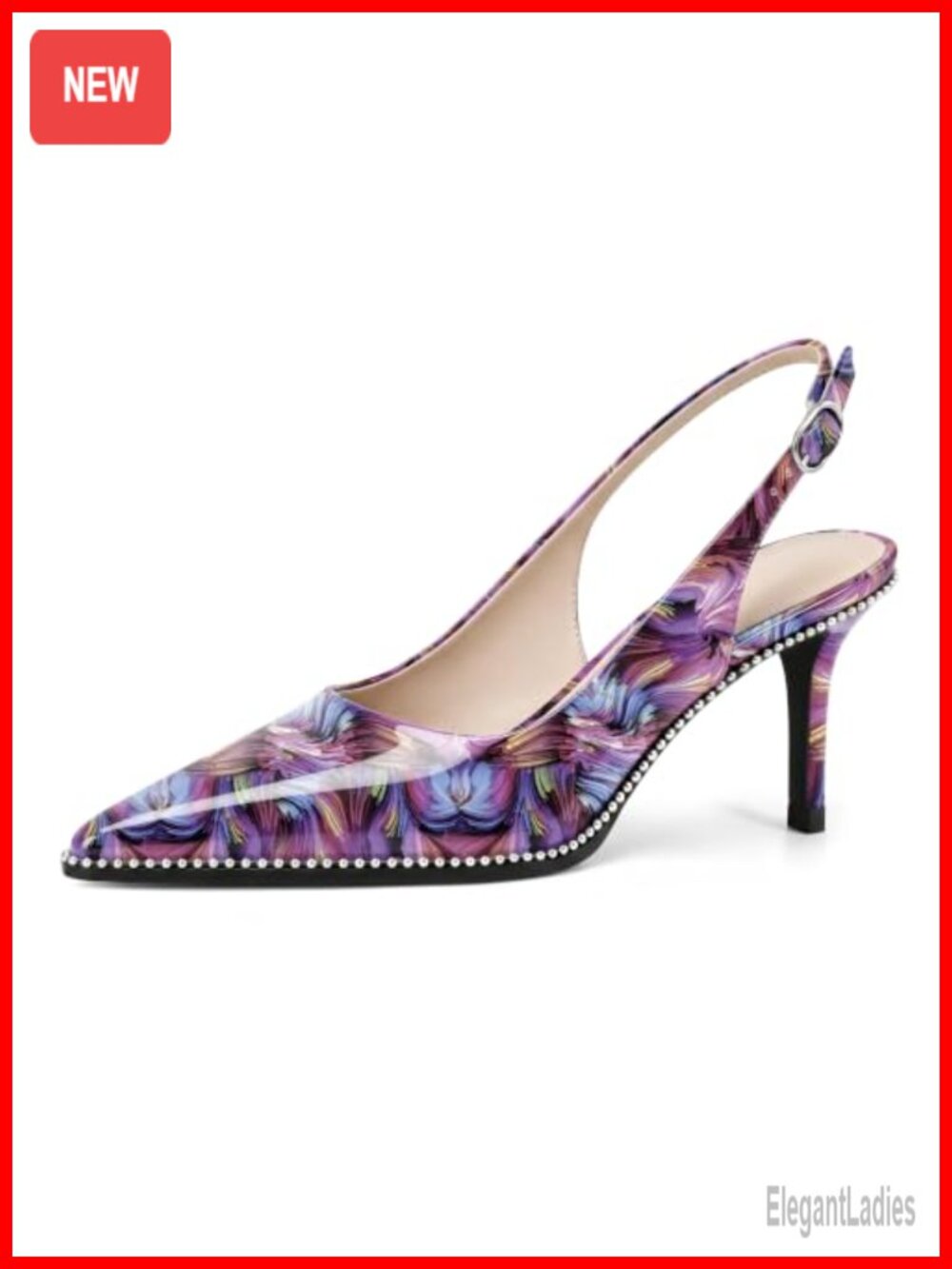 Beaded Slingback Kitten Heels Point Toe Buckle Strap Pumps